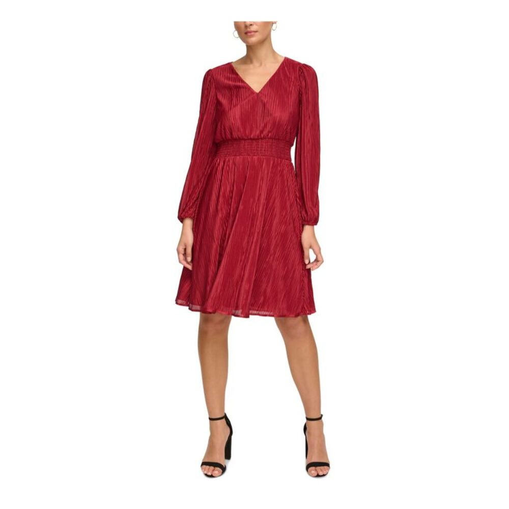 KENSIE DRESSES Womens Red Lined Waist Long Sleeve Fit + Flare Dress 0